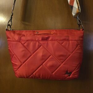 Lug Flare 2 RFID Medium Crossbody Poppy Red with Plaid Multi Color Strap Quilted